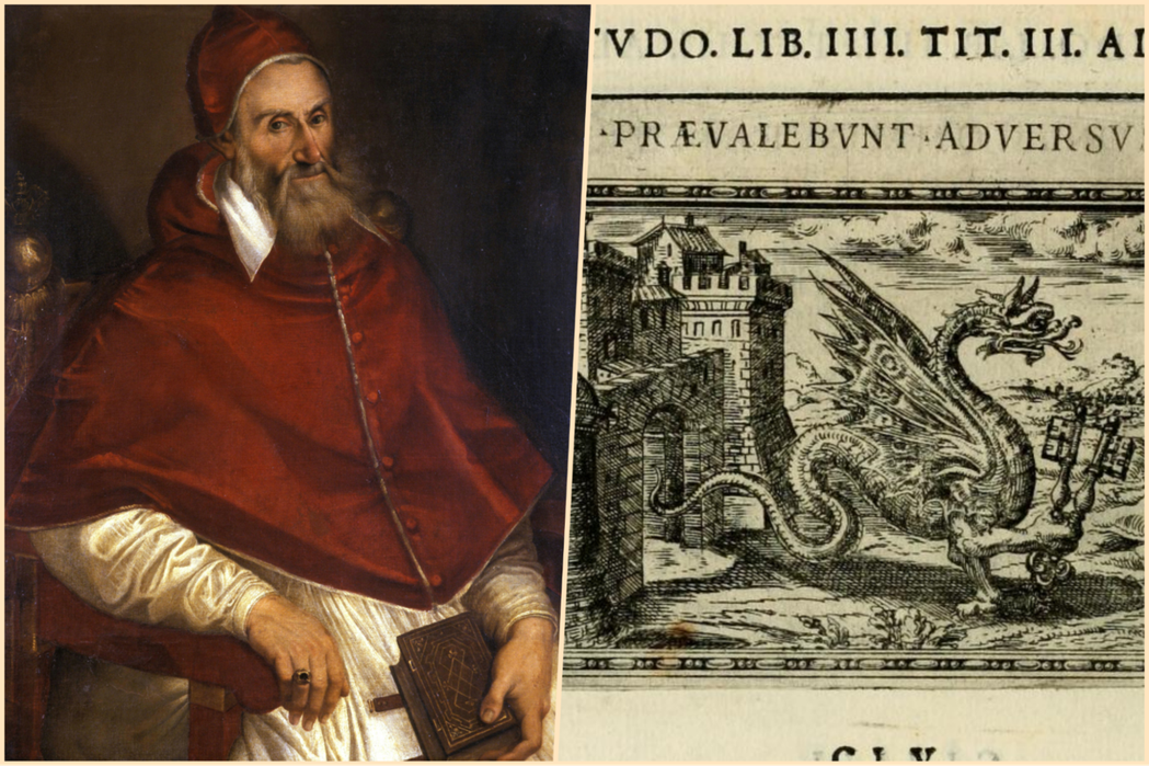 左為教宗葛利果十三世，右為《教宗葛利果十三世徽紋集》中的飛龍版畫。 圖／維基共享...
