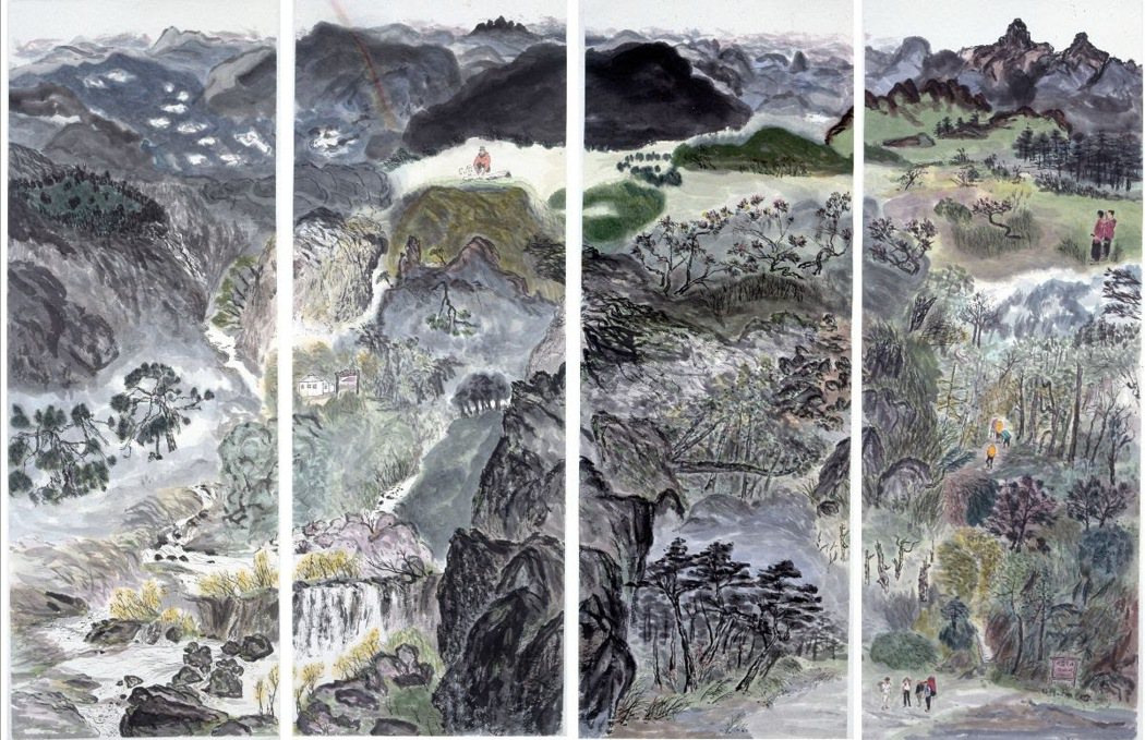 李賢文，〈雪霸登高圖〉，水墨、四聯屏，2000年。 圖／鳳甲美術館提供