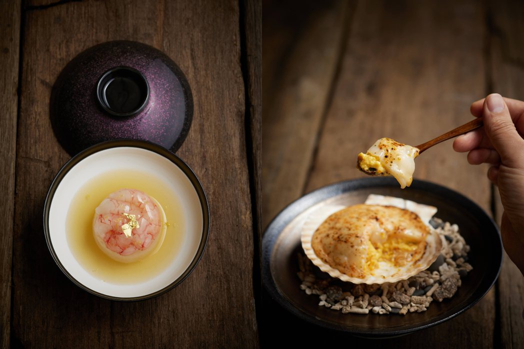 「法式澄清湯」（左）以黃金湯搭配甜蝦，「帆立貝燒」（右）鋪上帆立貝與鮮甜的海膽，...
