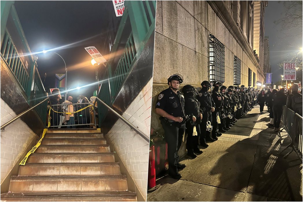 4月24日晚間被封鎖的校外地鐵出口、聚集抗議群眾和警察 圖／李孟瑄攝影　