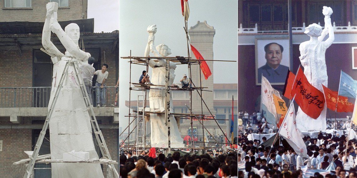 左圖為29日製作中的民主女神像（美聯社 Liu Heung Shing 攝影）、...