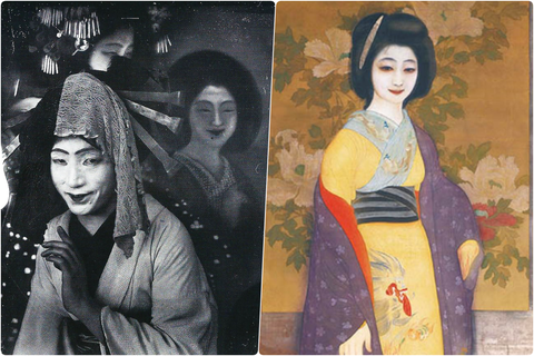 左為日本大正年代異色畫家甲斐莊楠音約30歲時的女裝扮相；右為其作品《橫櫛》局部。...