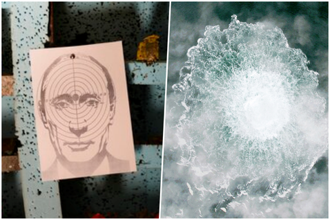 左為烏克蘭一處靶場內，放置普丁肖像當靶；右為北溪2號天然氣管道9月被炸，導致天然...