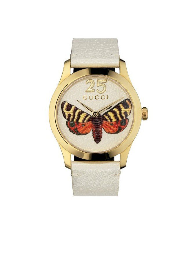 Gucci G-Timeless系列腕表，白色牛皮與浮刻蝴蝶圖案，黃金色PVD表...