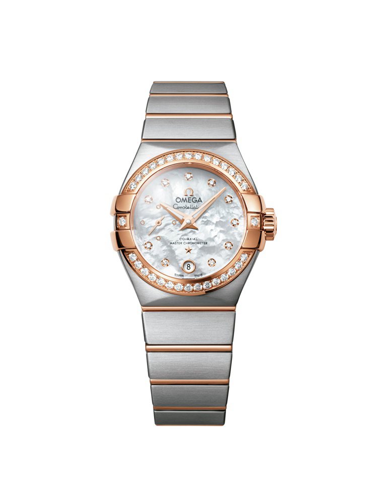 歐米茄星座系列大師天文台小秒針女仕腕表，18K玫瑰金鑲鑽表圈，搭配不鏽鋼與玫瑰金...