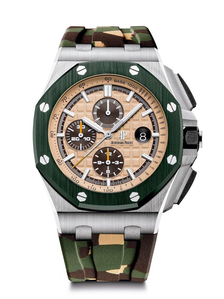 皇家橡樹離岸型腕表44毫米不鏽鋼自動上鍊計時碼表，綠色陶瓷表圈搭配迷彩表帶，98...