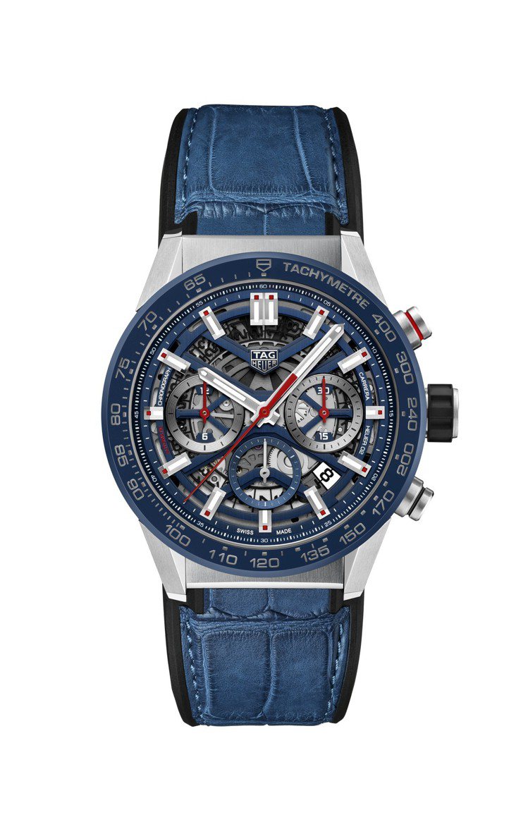 泰格豪雅Carrera Heuer 02計時碼表，藍色表面配藍色皮革表帶，約17...