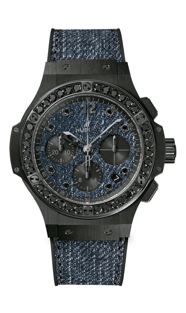 宇舶Big Bang系列丹寧陶瓷黑鑽腕表，黑色陶瓷表殼、表圈鑲嵌36顆黑鑽，約6...