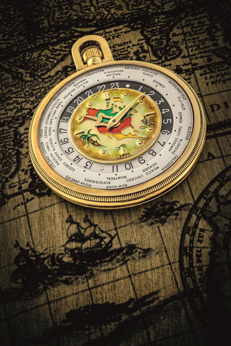 百達翡麗，18K黃金世界時間懷表，配描繪北美地圖的掐絲琺瑯表盤，型號605，19...