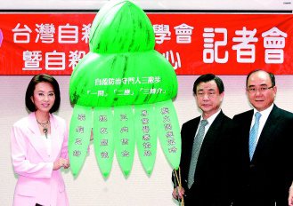 孫翠鳳(左)、台灣自殺防治學會理事長李明濱，一起拉開綁粽子的繩結，象徵打開心結。（記者陳正興／攝影）