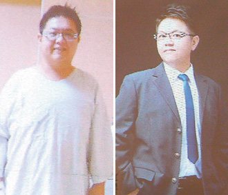 在嘉義基督教醫院手術減重保腎患者葉智明，減重前後照片差很大，減重前百公斤（左）減重為85公斤（右）。 記者魯永明／攝影