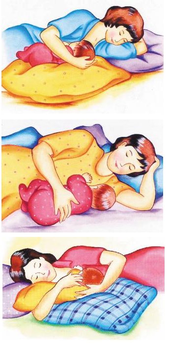 哺乳側躺式可大致上分為三種，如上圖所示。（圖／國際母乳哺育行動聯盟(WABA)繪製、衛生署提供）