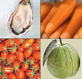 芭樂、聖女番茄、生蠔、胡蘿蔔等富含預防黃斑部病變的成分。 圖／本報資料照片