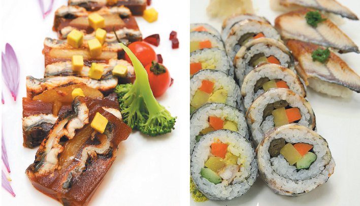 白酒蘋果鰻魚凍（左）、蒲燒鰻花壽司（右）