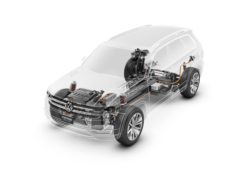 CrossBlue搭載TDI柴油引擎及前後2組的電動馬達組成柴油混合動力系統 Volkswagen提供