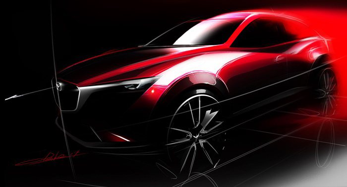 Mazda將在洛杉磯車展全球首發全新CX-3跨界休旅車，28日先在官網釋出手繪設計圖。 Mazda提供