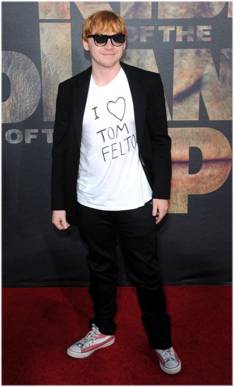 魯伯葛林特穿著印有「我愛湯姆費爾頓！」的T恤。圖／達志影像