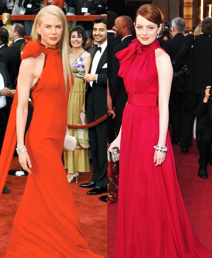 艾瑪史東(右)奧斯卡上一襲Giambattista Valli紅禮服，遭調侃與多年前妮可基嫚參加奧斯卡穿的Balenciaga大撞衫。圖／美聯社、LV提供