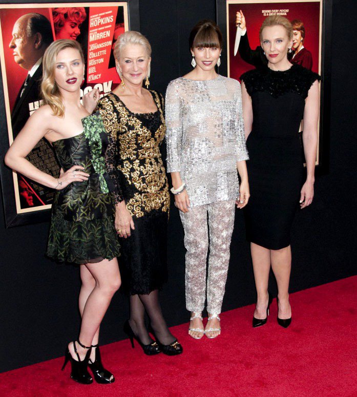 史嘉莉喬韓森、海倫米蘭、潔西卡貝兒、Toni Collette等女星盛裝出席《希區考克傳：驚魂記》紐約首映會。圖／達志影像