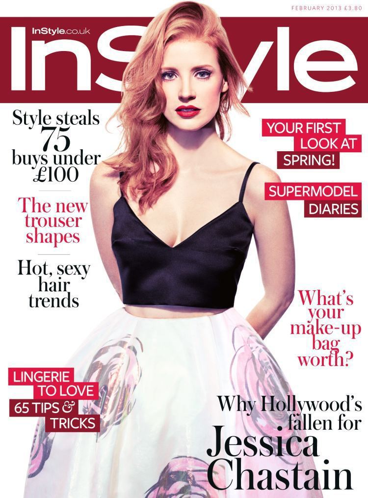 InStyle英版雜誌封面人物潔西卡崔斯坦也穿了Dior印花蓬裙。圖／達志影像