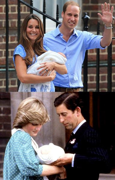 凱特的粉藍色波卡圓點洋裝和1982年剛生下威廉的黛安娜王妃的服裝有著相似的設計。圖／美聯社、新華社