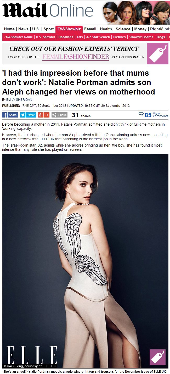 奧斯卡影后娜塔莉波曼（Natalie Portman）接受英國ELLE雜誌訪問表...