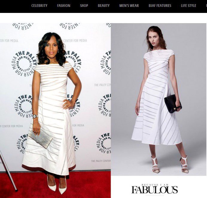 凱莉華盛頓也穿J Mendel 2014早春系列白洋裝，一身「白到底」造型，飾品、手拿包一樣不少。圖／擷取自becauseiamfabulous.com