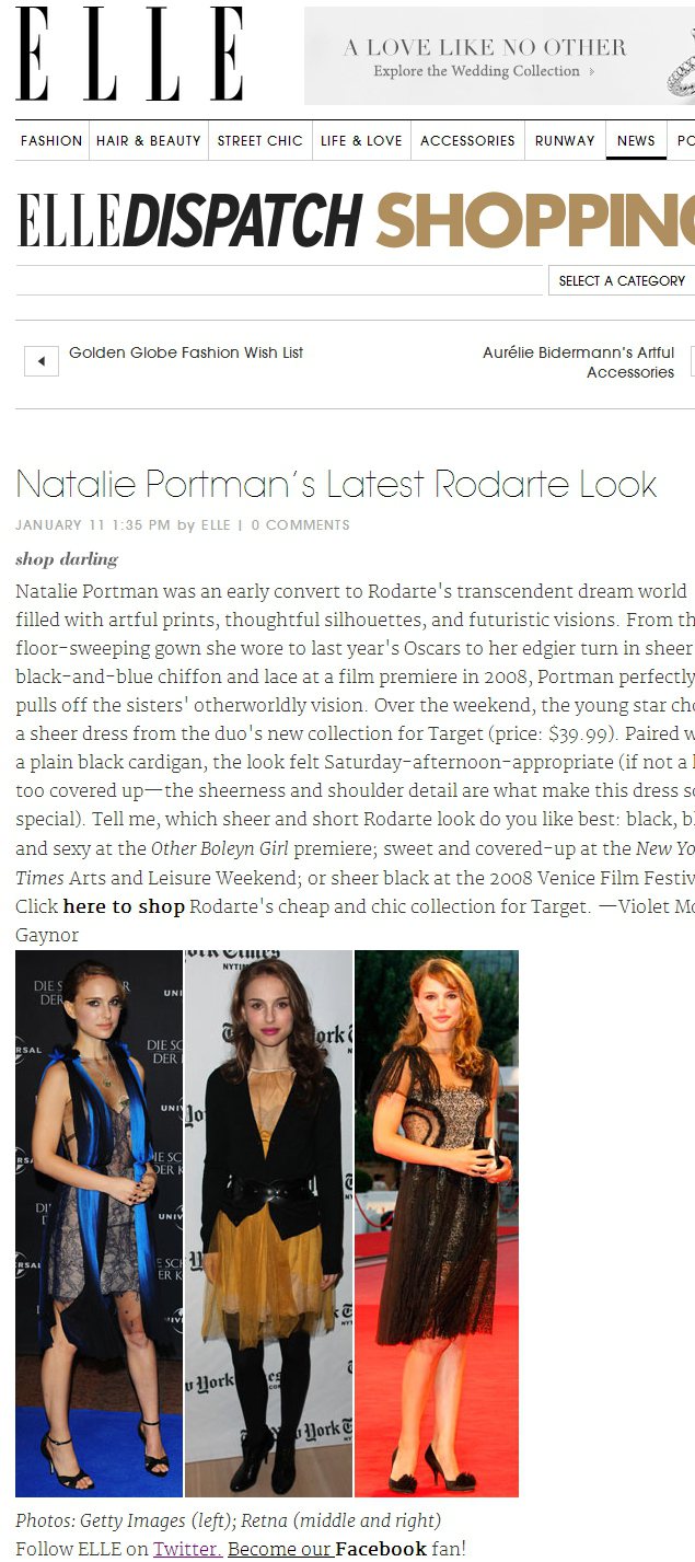 娜塔莉波曼常穿Rodarte禮服，她偏愛古典優雅的羅馬風款式，與垂墜細節多的飄逸裙子，讓她充滿了女神氣息。圖／擷取自elle.com