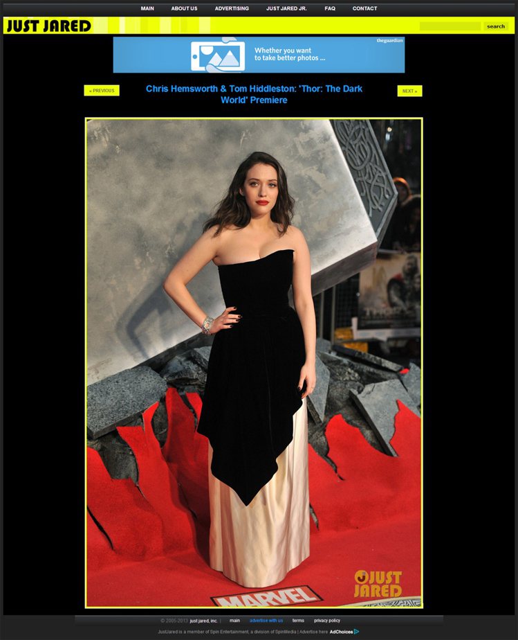 日前在《雷神索爾2》首映禮上，Kat Dennings 穿著Lanvin低胸剪裁禮服，大秀好身材。圖／擷取自justjared.com