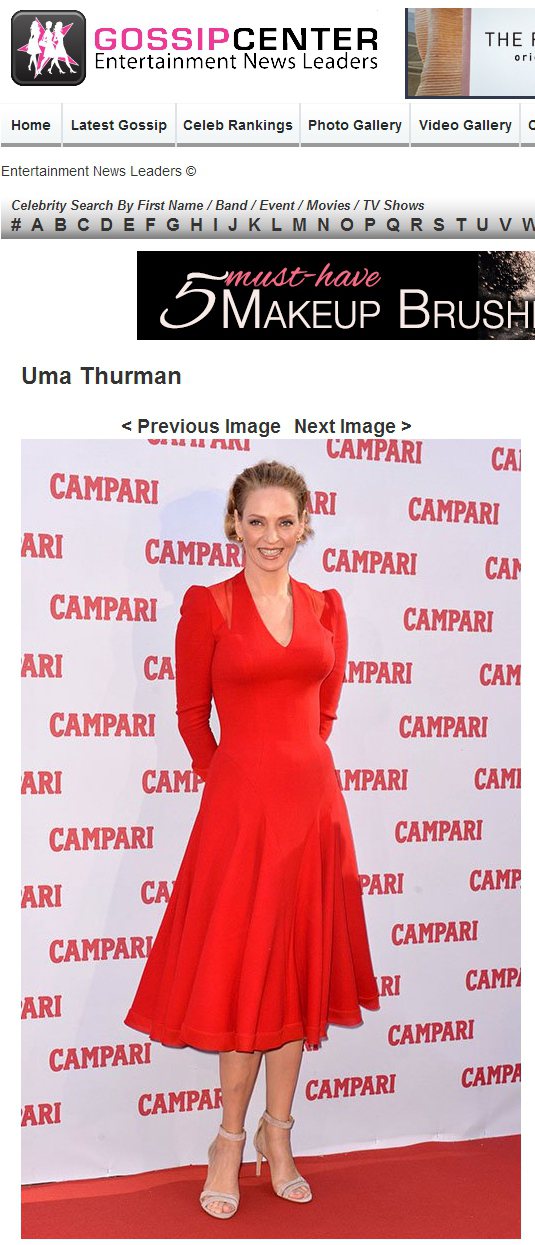 鄔瑪舒曼穿Atelier Versace的紅色長洋裝，肩部的透視設計拉長了視覺焦點，而鐘型裙襬也在火紅色調下更顯華麗。圖／擷取自gossipcenter.com