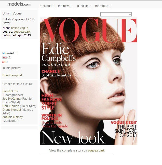 Edie Campbell曾在英國版 VOGUE 雜誌2013的4月封面上重現 Twiggy 的復古妝容與髮型。圖／擷取自models.com