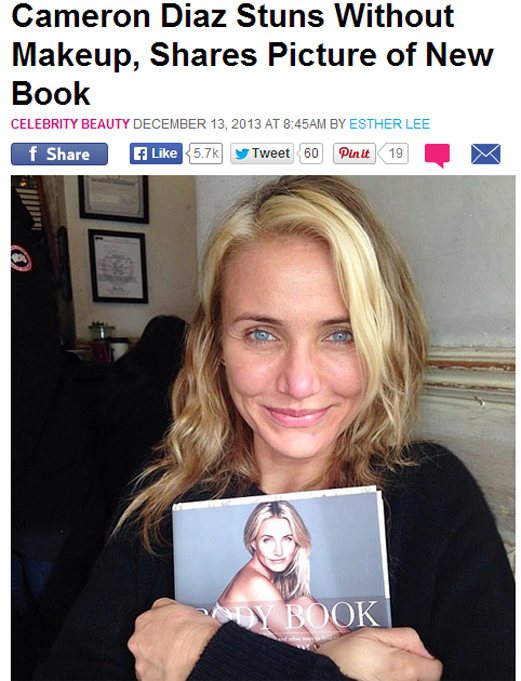 好萊塢女星卡麥蓉狄亞近日在自己的 Instagram 上分享了一張素顏照，宣傳新書《The Body Book》。圖／擷取自usmagazine.com