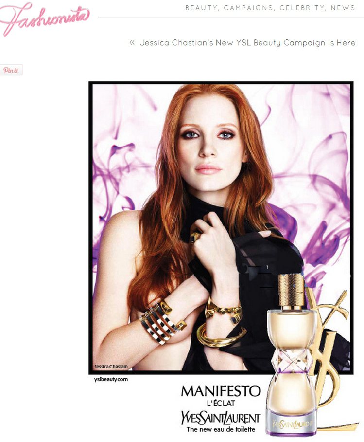 潔西卡崔絲坦 （Jessica Chastain）繼今年秋天的Manifesto 代言後，再度成為 2014 年 YSL Manifesto L’Eclat 香水廣告代言人。圖／擷取自fashionista.com