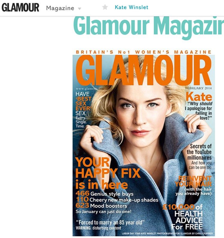 凱特溫絲蕾為英國版 Glamour 雜誌2月號擔任封面人物。圖／擷取自glamourmagazine.co.uk