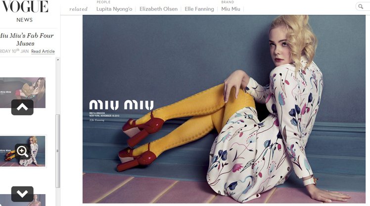 Miu Miu 請來女星艾兒芬妮、伊莉莎白奧森（Elizabeth Olsen）、Lupita Nyong'o 與 Bella Heathcote 穿上 Miu Miu 2014 春裝拍廣告。圖／擷取自vogue.co.uk