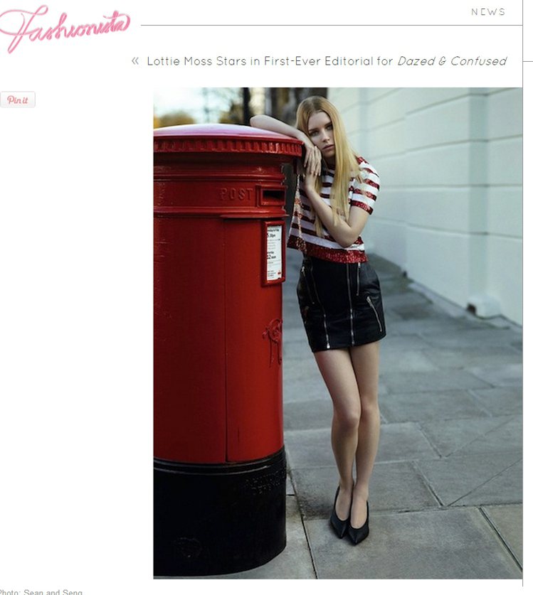 凱特摩絲妹 Lottie Moss，拍攝Dazed & Confused 雜誌，在倫敦大街上展現清新酷女孩的模樣。圖／擷取自fashionista.com