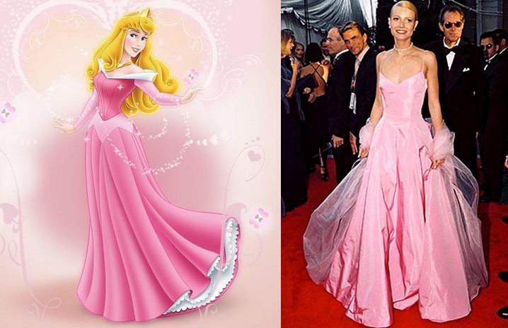 葛妮絲派特蘿在1999年以莎翁情史一片拿下奧斯卡最佳女主角獎，當時她身穿一襲粉紅色 Ralph Lauren 禮服亮相，粉色與蓬裙打造的夢幻甜美與《睡美人》歐若拉公主如出一轍。圖／擷取自joytv.gr、fanpop.com