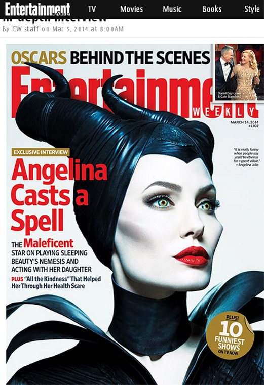 在最新一期的《Entertainment》 周刊封面上，安潔莉娜裘莉裝扮的黑魔女「Maleficent」大秀蒼白點綴鮮紅唇的妝容，冷豔神秘的女巫造型讓人更加期待電影的上映。圖／擷取自Entertainment》 周刊官網