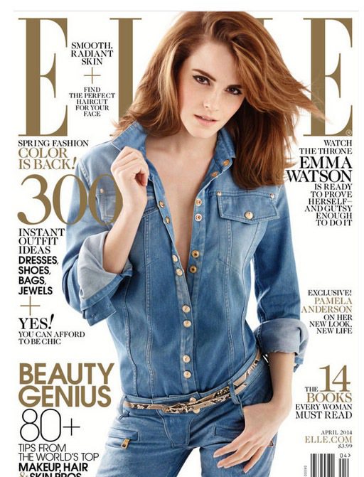 在最新曝光的四月份 ELLE 雜誌封面上，艾瑪華森穿著 Balmain 牛仔襯衫...