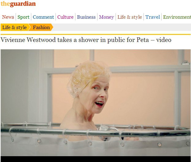長期關注環保問題的時尚設計師「龐克教母」 Vivienne Westwood，近日為善待動物組織（Peta）拍攝新廣告，在鏡頭前淋浴，一邊說著她的環保理念。圖／擷取自theguardian.com