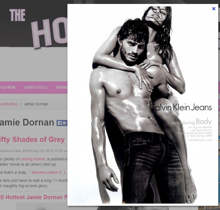 《格雷的五十道陰影》電影男主角的傑米多南（Jamie Dornan）在 2009 與伊娃曼德絲（Eva Mendes）火辣代言了 CK 內衣系列。圖／擷取自thehollywoodgossip.com