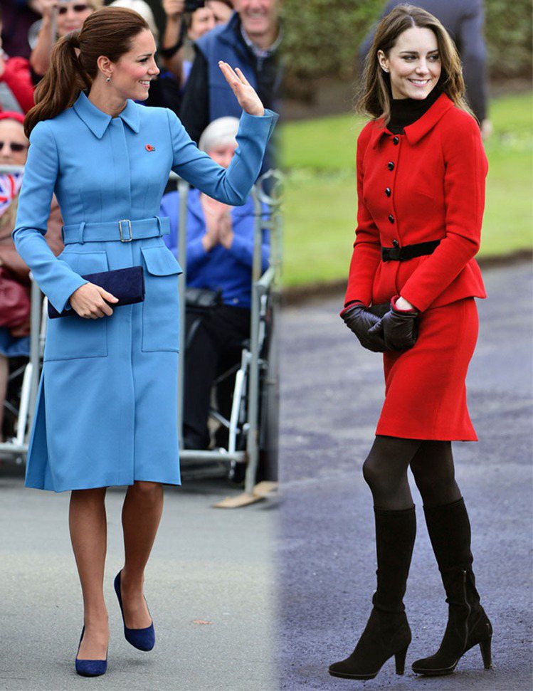 套裝是英國皇室成員的傳統，凱特密道頓在公開場合經常以各種不同色系的裙裝套裝亮相，她偏愛鮮明、飽和色系款式。圖／達志影像、路透