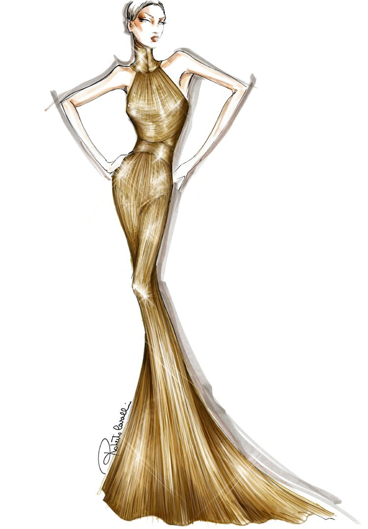 Roberto Cavalli 為Lady Gaga量身訂做的金色魚尾禮服手稿。圖／Roberto Cavalli提供