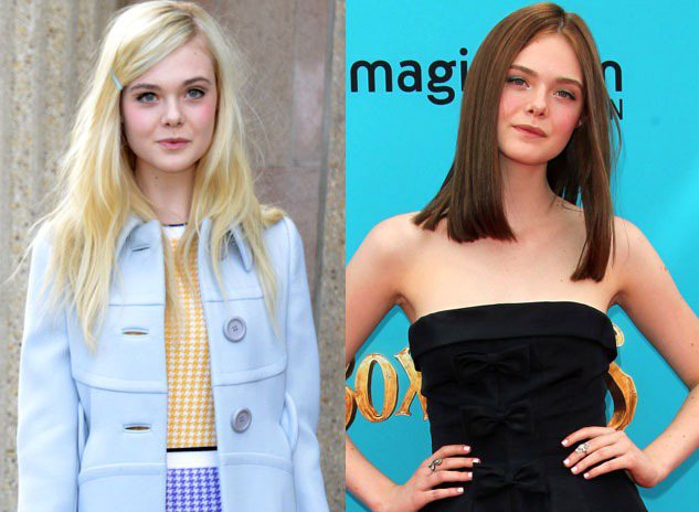 好萊塢「精靈系女星」代表艾兒芬妮，在2014年染了棕髮並將一頭長髮剪到及肩長度，...