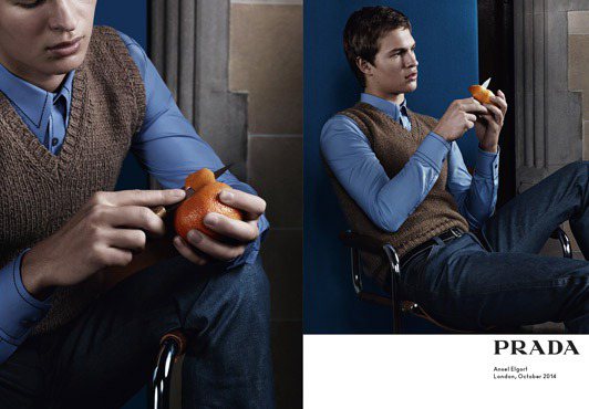 安塞爾埃爾葛特在Prada 2015春夏廣告中削起橘子皮。圖／擷自telegraph