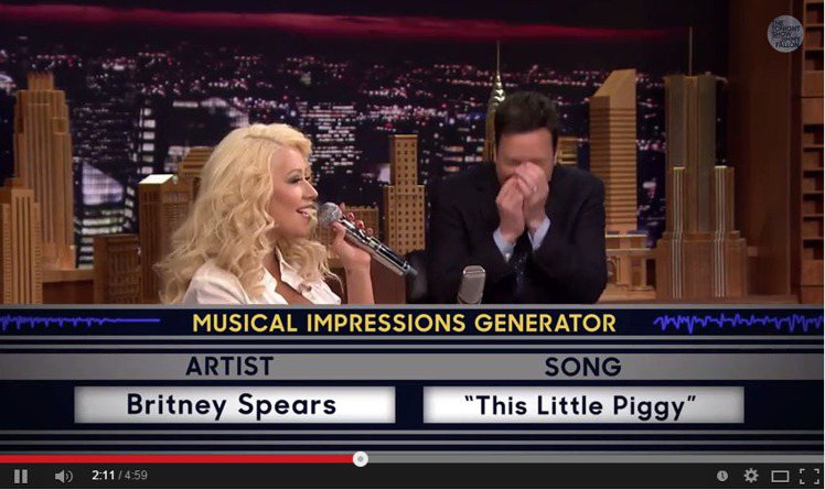 克莉絲汀參加 The Tonight Show 節目模仿布蘭妮，詮釋布蘭妮指標的...