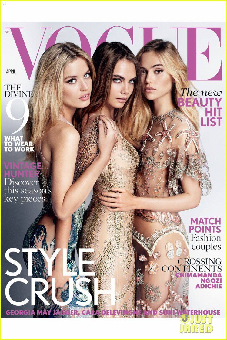 卡拉迪樂芬妮（Cara Delevingne）、Suki Waterhouse 與喬治亞梅傑格（Georgia May Jagger）登上英國版 Vogue 雜誌封面。圖／擷自justjared.com