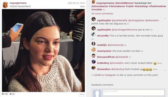 之前德國版 VOGUE 在其 Instagram 上 po 出坎達爾珍娜在後台化妝的照片，沒想到模特兒 Lexi Boling 在下方留言點名另一位模特兒 Binx Walton，公開對著她評論坎達爾珍娜「她從來沒有好看過」並搭配笑臉符號。圖／擷自eonline