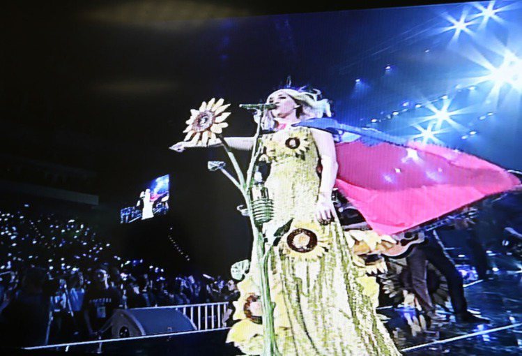 凱蒂佩芮披上歌迷帶來的中華民國國旗。圖／讀者提供