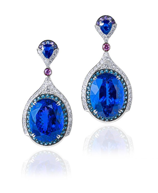 （娜歐蜜華茲佩戴）ANNA HU Art Deco藍寶耳環，兩顆緬甸皇室藍寶近5...